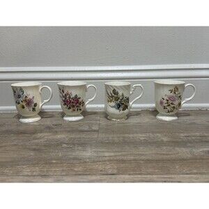 Vintage Set Of 4- Kings Court Coffee Cup Flower Mugs- India Fine Bone China
